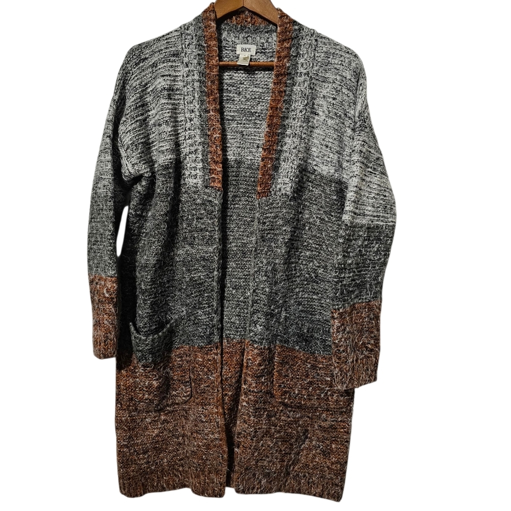 BKE Long Sleeve Midi Length Color block Cardigan – Orange/Grey  Size Small